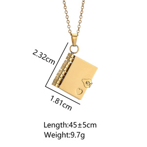 Collier pendentif personnalisable en acier inoxydable doré avec chaîne à maillons, motif cœur d'amour, pour couple, avec carnet vierge à pages tournantes, gravable - Product Image 2