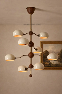 Lustre moderne italien en laiton et noyer, 8 lumières, abat-jour en dôme crème, luminaire de plafond Sputnik, éclairage suspendu de luxe - Product Image 2