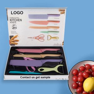 Juego de 6 Cuchillos de Cocina Coloridos, Antiadherentes, de Acero Inoxidable con Mango de Paja de Trigo, para Frutas y Verduras, Utensilios de Cocina - Product Image 1