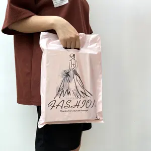 Biodegradable custom packing shopping bags LDPE Fold Over Die Cut Retail clothing garment gift pink plastic bags With Handle