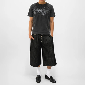 Shorts en jean capri plissés sur le devant pour hommes, style streetwear, coupe ample, 100 % coton épais, denim brut noir - Product Image 3
