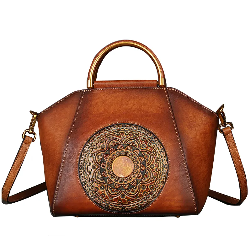 2022 new vintage cowhide first layer women's bag leather handbag women's one shoulder crossbody bag totem wing wrap tide