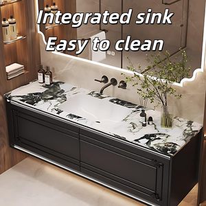 Mobile Bagno di Lusso Intagliato Bianco a Parete con Doppio Cassetto, Lavabo Integrato e Armadietto a Specchio LED Intelligente Anti-Appannamento - Product Image 5