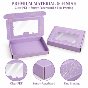 กล่องไปรษณีย์ลูกฟูกสีม่วงแบบกำหนดเองพร้อมหน้าต่าง PVC ใส ลายนูนรูปใบไม้ กล่องบรรจุภัณฑ์ของขวัญพิมพ์ลายตามสั่ง OEM ODM - Product Image 2