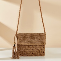 Sac bandoulière en crochet fait main pour femme, style japonais vintage, sac carré en paille tressée bohème avec fermeture éclair, vente en gros