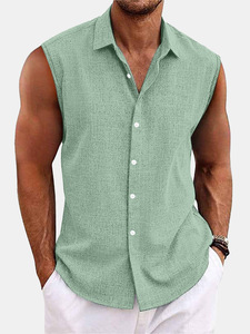 Nouvelle chemise décontractée pour <span class=keywords><strong>homme</strong></span> style européen et américain 2026, col en V uni, coupe ample, boutonnée, en coton et lin - Product Image 5