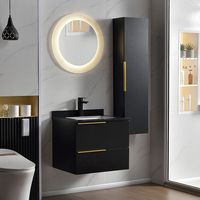 Meuble-lavabo flottant moderne et minimaliste, écologique, résistant à l'eau, noir mat, avec meuble latéral et vasque encastrée en pierre, pour hôtel/villa