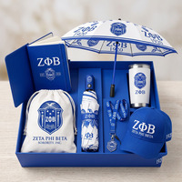 Ensemble cadeau de 5 pièces personnalisé en bleu royal et blanc avec lettres grecques pour sororité : gobelet, casquette, parapluie, carnet et cordon