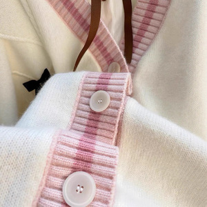 Women's Autumn Winter Loose Knit <b>Cardigan</b> With Bow Contrast Color Single Breasted Anti Pilling Design - Product Image 3