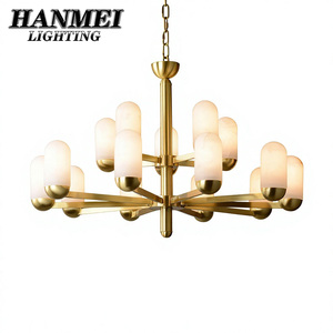 Lámpara de Araña LED de Latón y Mármol, Altura Ajustable, Luz Blanca Cálida, Tamaño Mediano, para Sala de Estar/Comedor/Hotel HM-ZZ-8359, Estilo Moderno Minimalista - Product Image 1