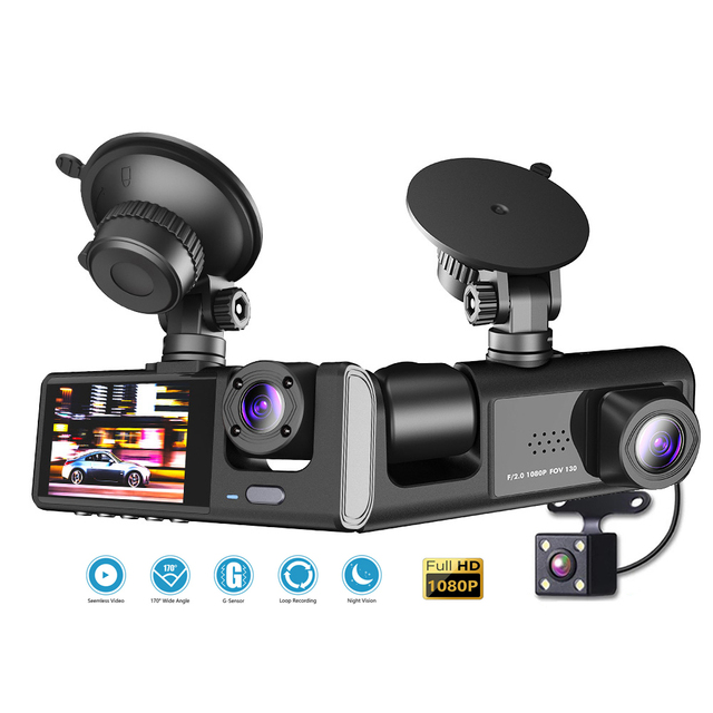 Triple Lens 1080P Car Dash Cam with WiFi Reverse Camera 3 Channel Simultaneous Recording Night Vision Parking Monitor