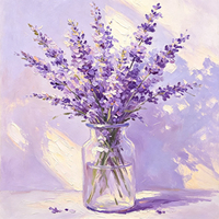 Peinture à l'huile impressionniste de nature morte, lavande pastel sereine, peinte à la main, vase de fleurs violet pâle, toile haute définition pour mur