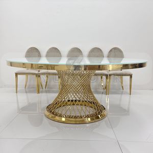 Mesa de comedor <span class=keywords><strong>Soho</strong></span> Twist de lujo moderno con tapa de cristal dorado de acero inoxidable Diseños de sillas de boda de nuevo estilo Uso de hotel al aire libre - Product Image 2