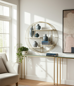 Mensola da parete geometrica in metallo bianco e oro, 32 pollici, a quattro livelli, per esposizione e conservazione, per decorazioni per la casa - Product Image 2