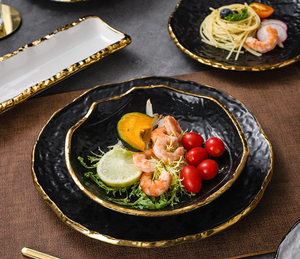 Vajilla de cerámica de lujo con textura martillada, en negro, blanco y dorado, juego de platos, tazones y tazas de porcelana para restaurante, hotel, boda, regalo. - Product Image 2