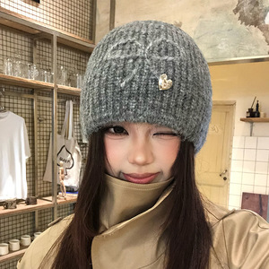 Bonnet en laine tricoté style coréen gris beige chaud automne hiver pour femme, décontracté, effet amincissant pour le visage, cache-oreilles - Product Image 3