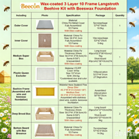 Ruche Langstroth complète à 3 niveaux, 10 cadres, en bois enduit de cire d'abeille, kit de démarrage avec cadres en plastique