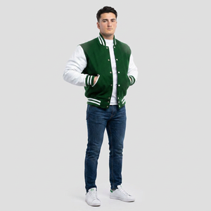 <b>Mens</b> Varsity <b>Jacket</b> Green and <b>White</b> Custom Letterman Baseball Bomber College <b>Jacket</b> with PU Leather Sleeves OEM Manufacturer - Product Image 1