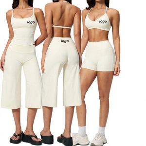 Custom Logo Solid Capri Yoga Sets Square Neck Crop <b>Top</b> Spandex/Nylon Removable Pads Strap <b>Vest</b> Gym Outfit Summer Breathable - Product Image 4