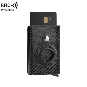Carteira de cartão de crédito com bloqueio RFID, porta-cartões de fibra de carbono pop-up para homens, carteira multifuncional de couro para homens de negócios, Airtag