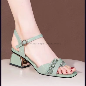 Sandales à talons épais et hauts pour femmes, ornées de strass et de perles, nouvelle collection été - Product Image 4