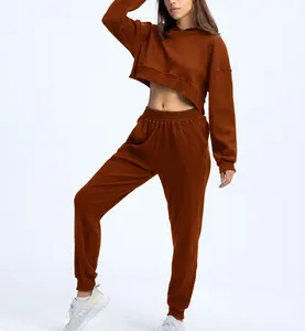 4217 Women Burgundy Crop Hoodies And Joggers Pit Article Fabric Two Piece Set