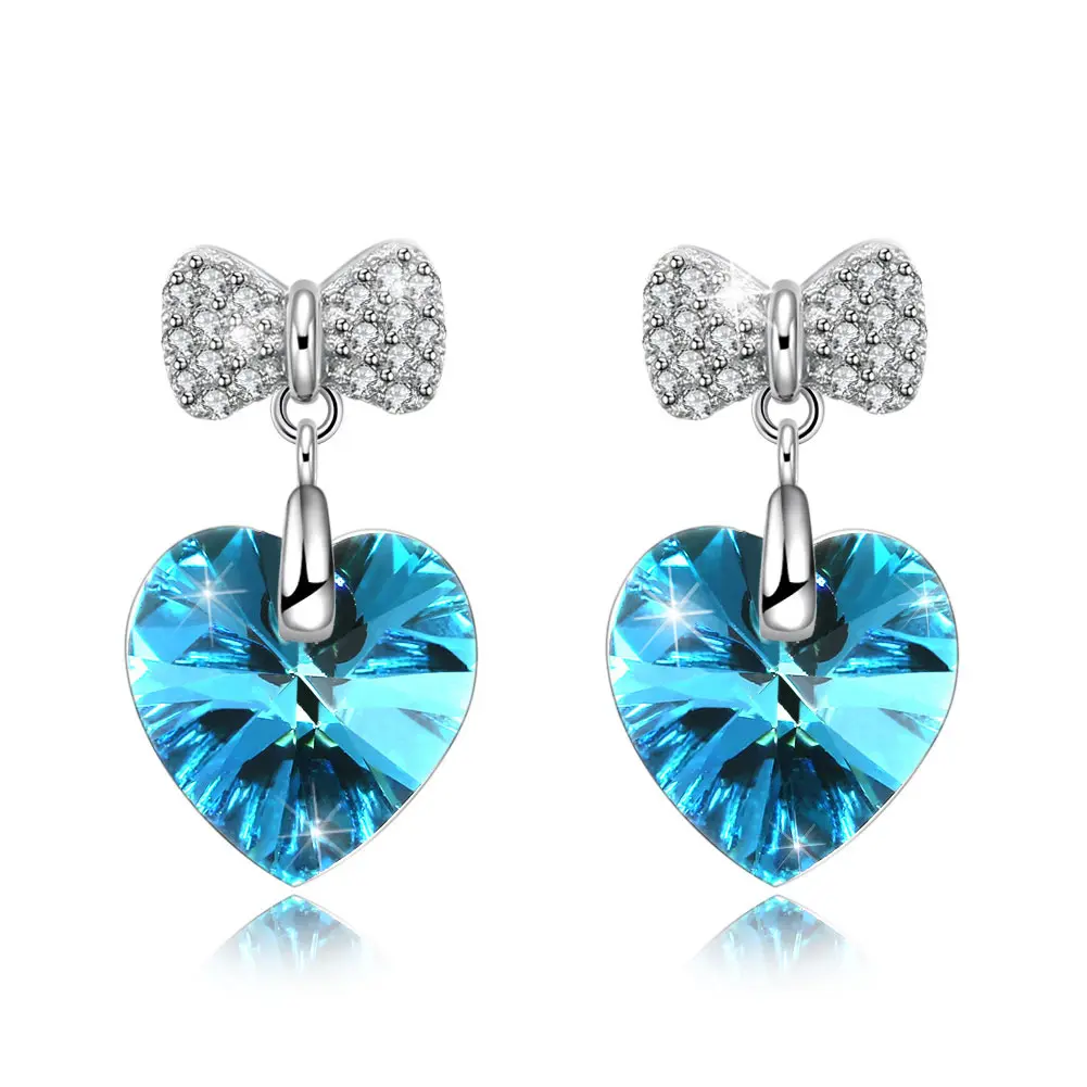 Orecchini a forma di cuore personalizzati all'ingrosso blu austriaco argento zircone con fiocco 925 argento Sterling