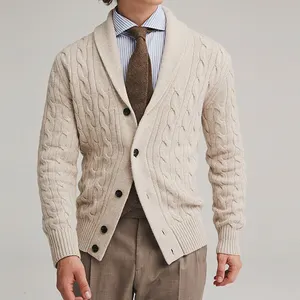 Cárdigan con cuello chal de lana de Cachemira para hombre, suéteres de punto con cable y botones con bolsillo