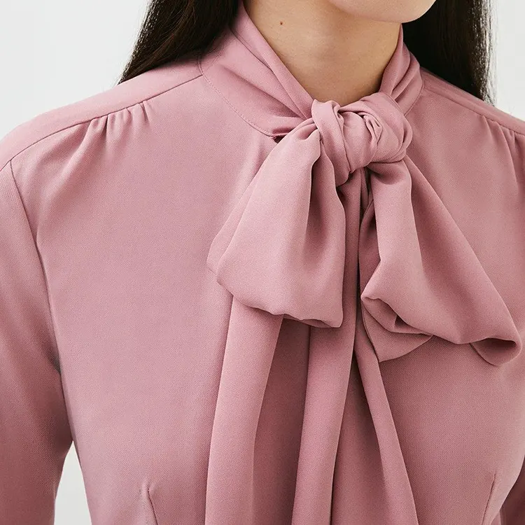 Fashion High Neck Jersey Top Pink Black Drape Bow Neckline Polyester Long Sleeves Custom Logo Women's Blouses & Shirts