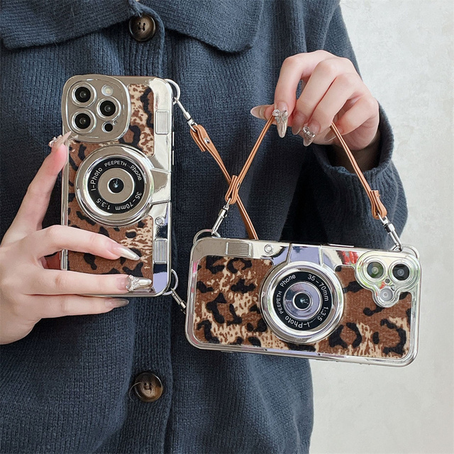 3D Design Vintage Camera Retro Leopard Pattern TPU Phone Case for iPhone 16 Pro Max Protective Shockproof Mobile Phone Cover