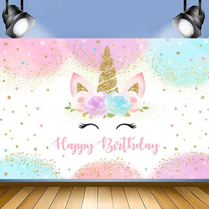 Fondo de cumpleaños de unicornio arcoíris para niña, pancarta de fiesta de unicornio con flores de acuarela coloridas y brillantes dorados, decoración de cumpleaños - Product Image 6