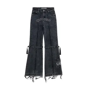 Nouveau pantalon en denim délavé 14oz à coupe évasée à la mode pour hommes