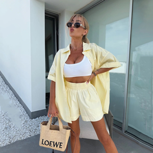 IStapromo Gifts Women's Casual Summer <b>Set</b> 100% polyester Terry Beach Towel Single Button Shirt and Shorts - Product Image 1