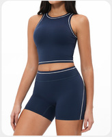 Ensemble de 5 pièces de vêtements de sport pour femme, bleu profond, comprenant veste de yoga, brassière, débardeur, pantalon de jogging et short cycliste, pour la gym et le fitness, collection premium