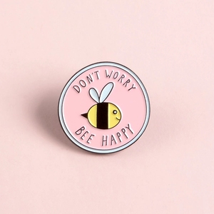 Broches et épingles en émail rondes roses en forme d'abeille, motif 'DON'T WORRY BEE HAPPY', pour enfants, épingles de revers, badges pour chemises et sacs, bijoux - Product Image 2