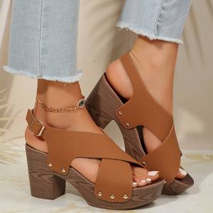 2026 Summer Sexy Women's Chunky Heel Open Toe PU Upper T-Strap Waterproof Slip-On Wedding <b>Sandals</b> - Product Image 2