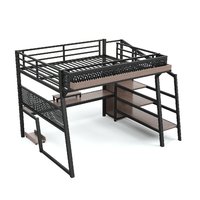 Lit mezzanine moderne en métal taille Queen avec rangement, escaliers, étagères, panneau perforé pour jeux, armoire, durable, idéal pour l'école, avec lumière LED USB et fonction silencieuse