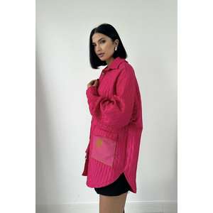 Fuchsia Quilted Shirt Women Casual Button <b>Down</b> Blouse Polyester Candy Color Everyday Wear Oversized Long Sleeve Top - Product Image 4