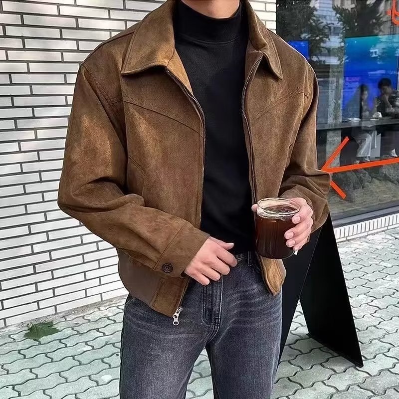 HO Men's Brown Suede Bomber Jacket - Retro Short Flight Coat for