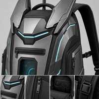 Sac à dos Ita Bag personnalisé Cyber Mech Armor gris cyan en cuir PU et PVC avec fenêtre de présentation, bretelles rembourrées, fabrication d'échantillons OEM ODM