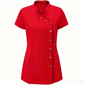 Haut d'uniforme pour femme à col montant et patte de boutonnage diagonale, manches courtes, style chinois, coupe ajustée, pour esthéticienne, SPA et bien-être - Product Image 3
