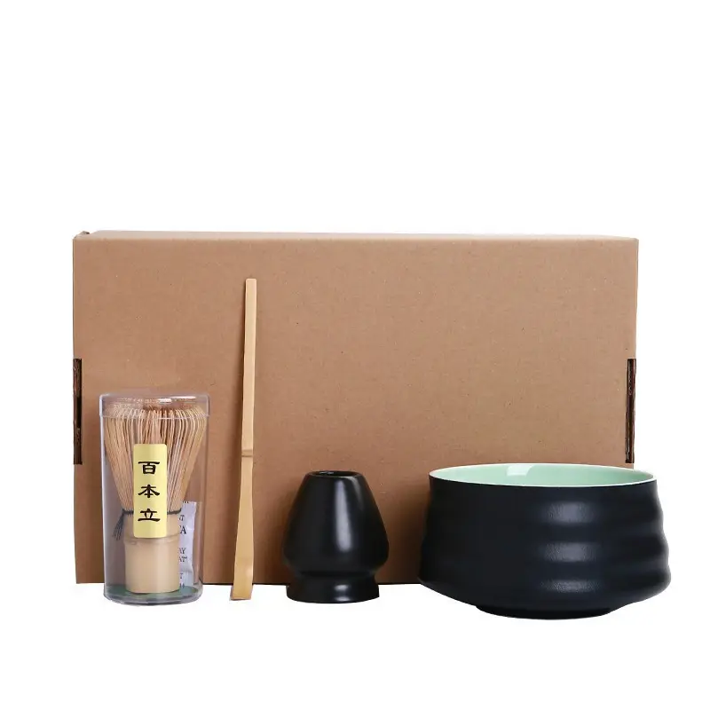 Grosir Set teh Matcha keramik Jepang, Set mangkuk bubuk teh hijau, kocokan bambu kotak hadiah Kopi & Teh