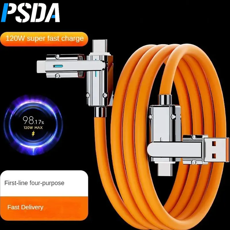 PSDA 새로운 100W 2 in 2 PD 고속 USB 케이블 화웨이 개폐식 휴대용 4 in 1 마이크로 USB 타입 C 충전기 케이블