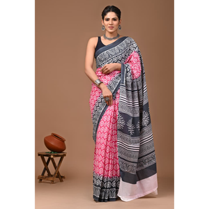 Sari de Algodón Mulmul Estampado con Blusa a Juego, Sari de Algodón Mulmul Ligero y Elegante - Cómodo para Uso Diario - Product Image 1