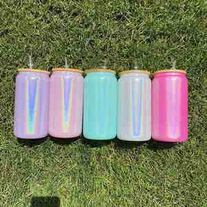 แก้วน้ำโซดาเบียร์แบบมีฝาปิด PP ขนาด 15, 16, 20 ออนซ์ สีขาวกลิตเตอร์ผสมสีโฮโลแกรมวิบวับ สำหรับงานซับลิเมชั่น - Product Image 2