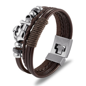 <b>Men</b> Vintage Adjustable Leather Wrap Bracelet Antique Silver Plated Anchor Fashion Wrist Jewelry Gift - Product Image 1