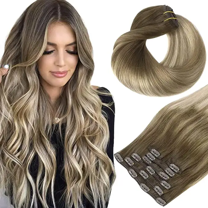 Clip in Hair Extensions Real Human Hair Soft and Thick Remy Hair Extensions Dark Brown Mixed Chestnut Brown Straight