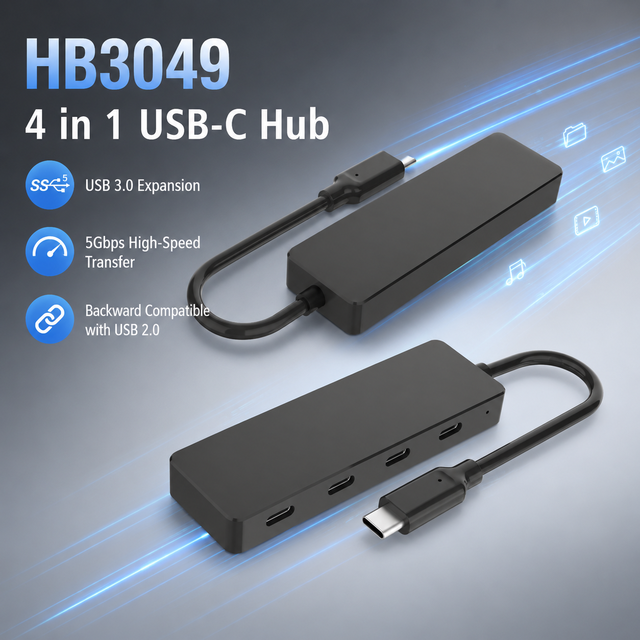 4-in-1 USB-C Hub, 1 Upstream USB-C 3.0 to 4xUSB-C 3.0 Ports (5Gbps, 5V/1.5A), Compact ABS Case for Laptop/PC