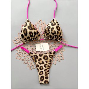 Ensemble bikini imprimé léopard pour femmes, maillot de bain 2 pièces à bretelles triangulaires avec bordure contrastée, vêtements de plage extensibles - Product Image 2