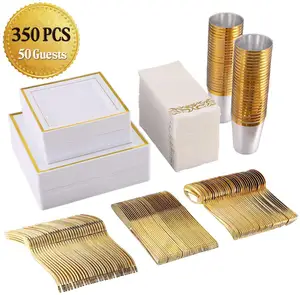 Fancy Disposable 350 Pieces Square Gold Dinnerware Sets